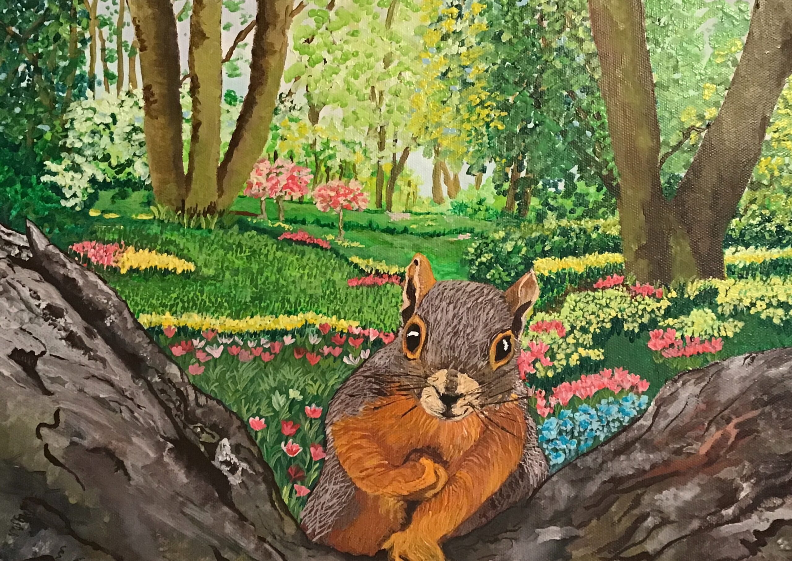 Cartoon of a rabbit in a beautiful forest or flowers and trees