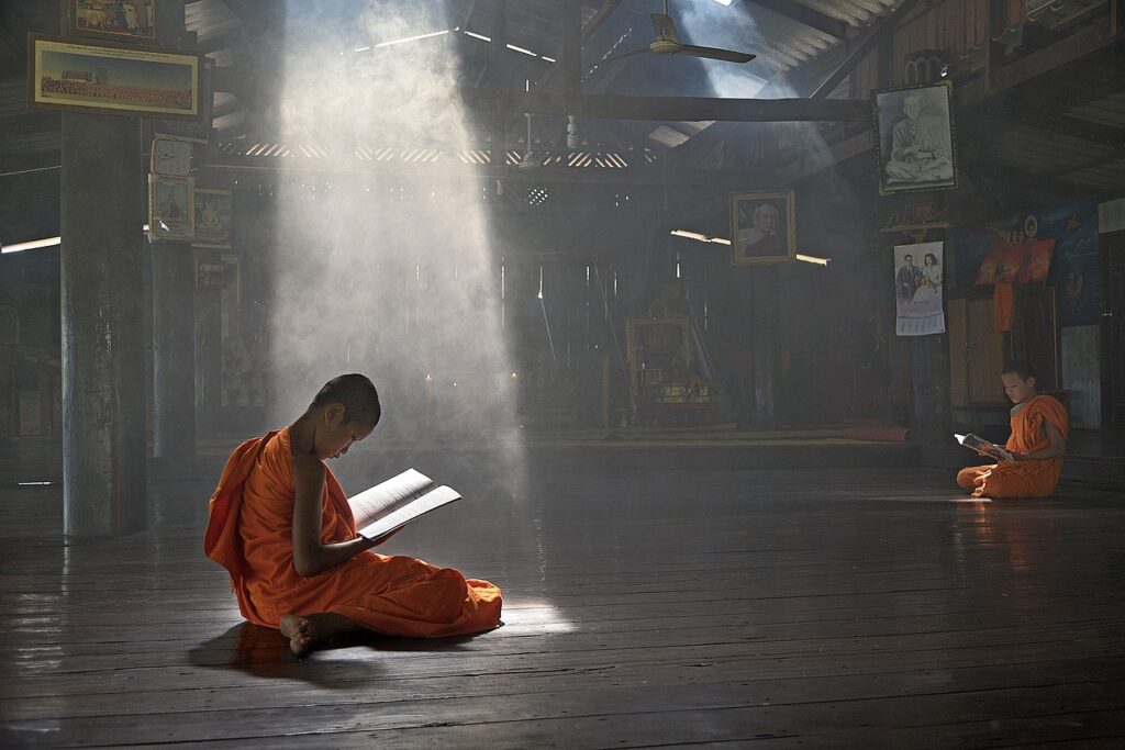 Young monk in saffron robes reading dharma with sunlight beaming from above