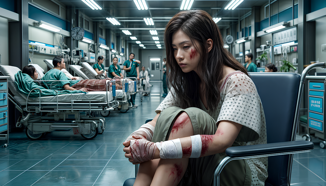 AI image of a girl who is injured waiting in a hospital
